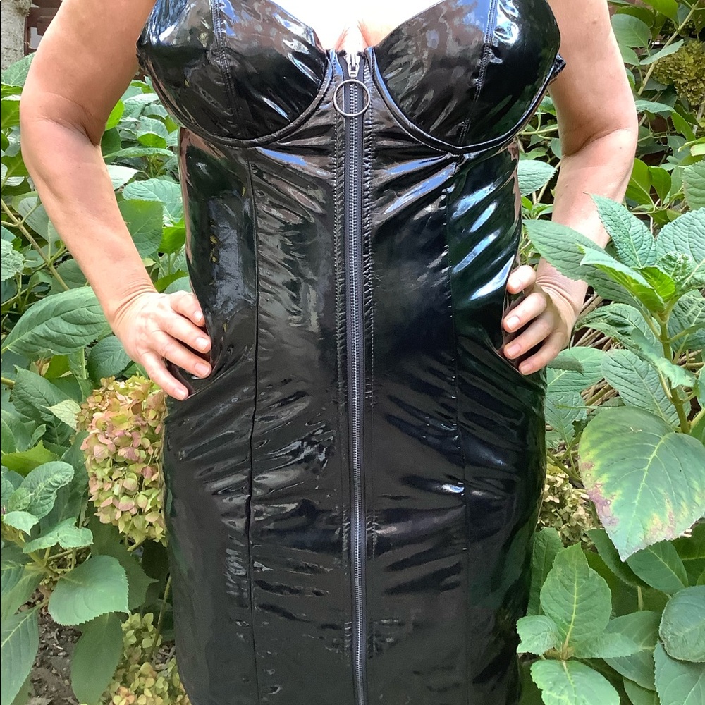 LPA Faux Patent Leather Front Zip Strap Mini Dress